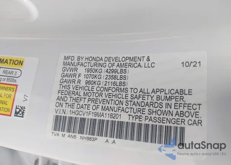 2021 Honda Accord Lx z USA, uszkodzony, nr VIN 1HGCV1F19MA118201